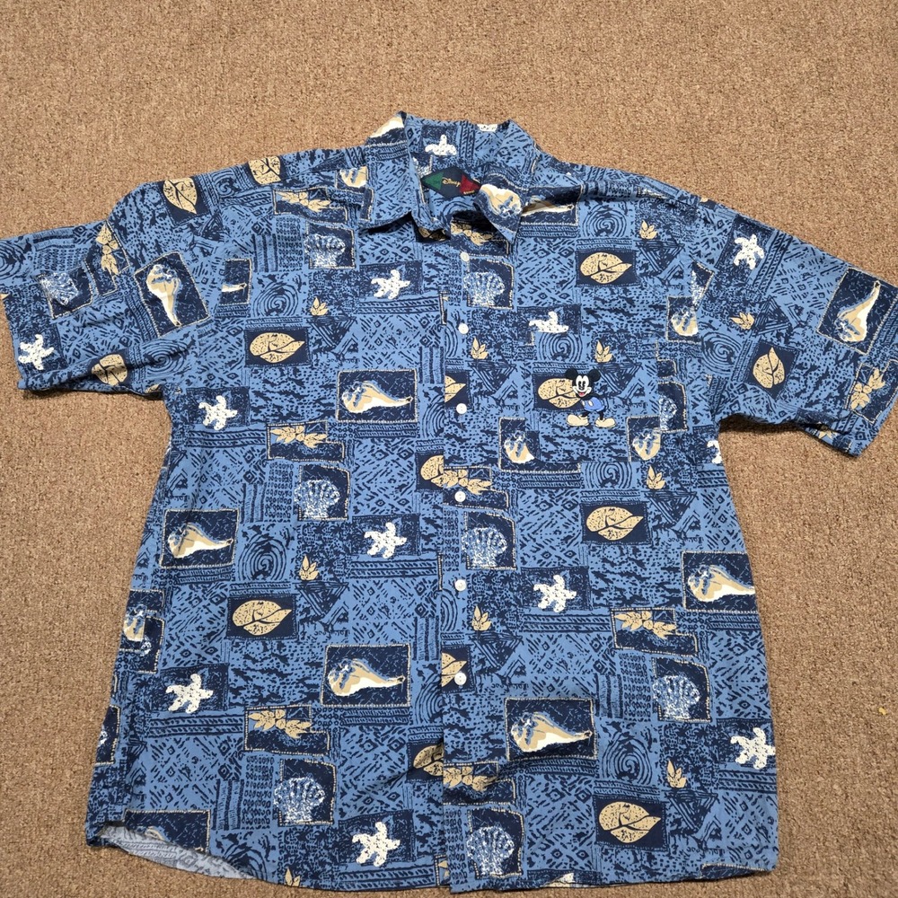 Disney Vintage Shirt Mens XL Blue Mickey Mouse Embroidered‎ Shell Starfish Print